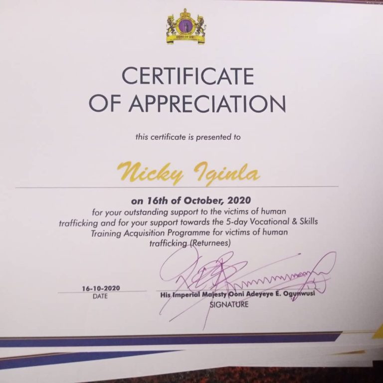 Certificate Of Appreciation(Ooni Adeyeye E. Ogunwusi)
