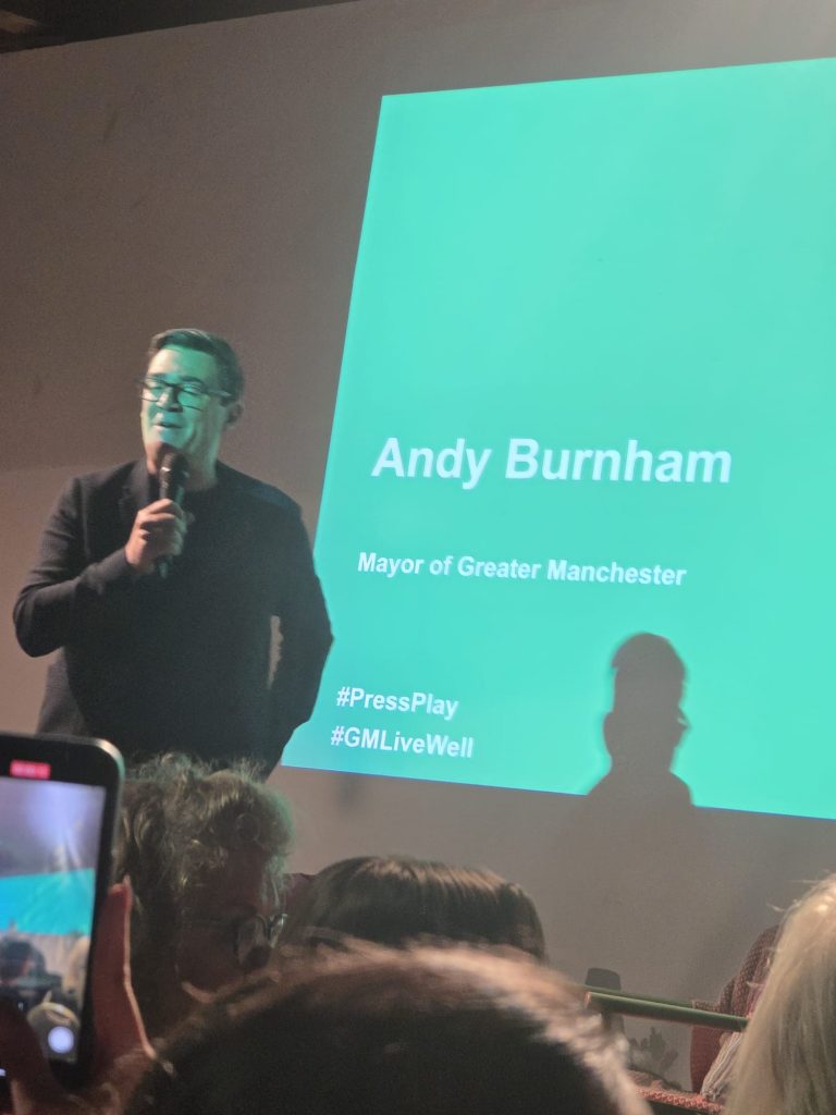 Andy Burnham speaking at GM Participation Playbook event.