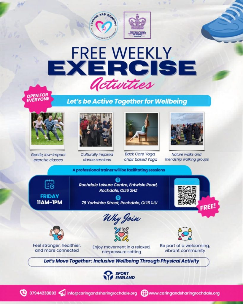 Flyer for CAS community exercise session in partnership with Sport England highlighting inclusive physical activity and wellbeing programme schedule