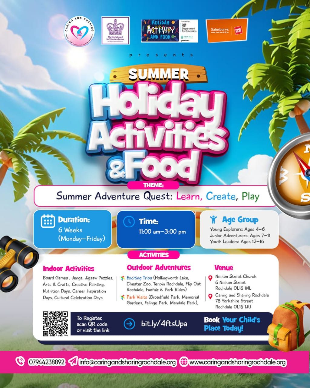 Summer Holiday Activities and Food (HAF) Programme 2026 flyer by Caring and Sharing Rochdale for children aged 4–16.