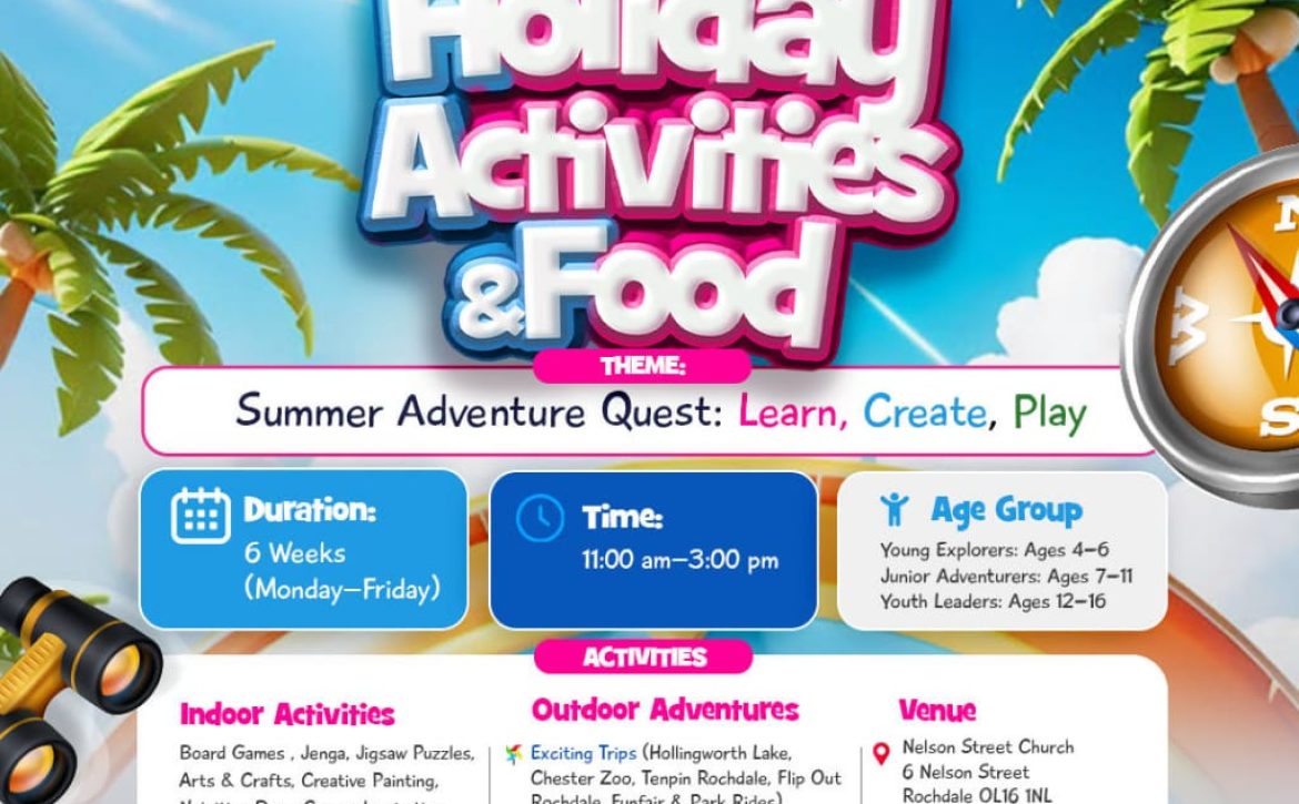 Summer Holiday Activities and Food (HAF) Programme 2026 flyer by Caring and Sharing Rochdale for children aged 4–16.