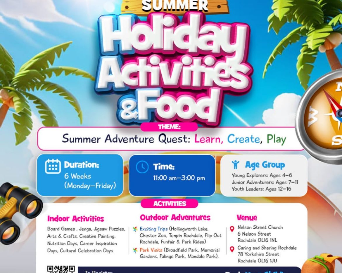 Summer Holiday Activities and Food (HAF) Programme 2026 flyer by Caring and Sharing Rochdale for children aged 4–16.