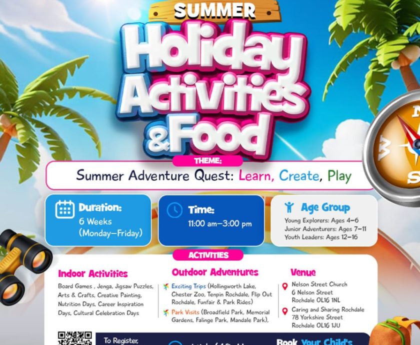 Summer Holiday Activities and Food (HAF) Programme 2026 flyer by Caring and Sharing Rochdale for children aged 4–16.