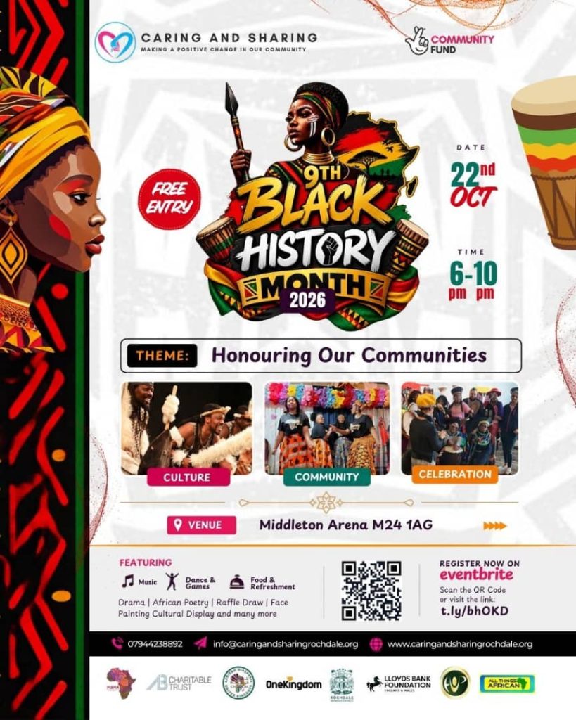 Caring and Sharing Rochdale Black History Month Celebration 2026 flyer